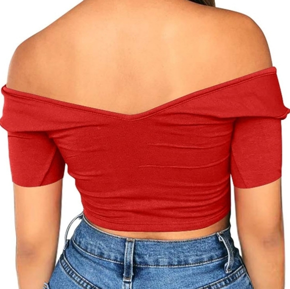 ZILEZILE Women Sexy Off Shoulder V-Neck Short Sleeves Red Crop Top Size Medium - Picture 8 of 8